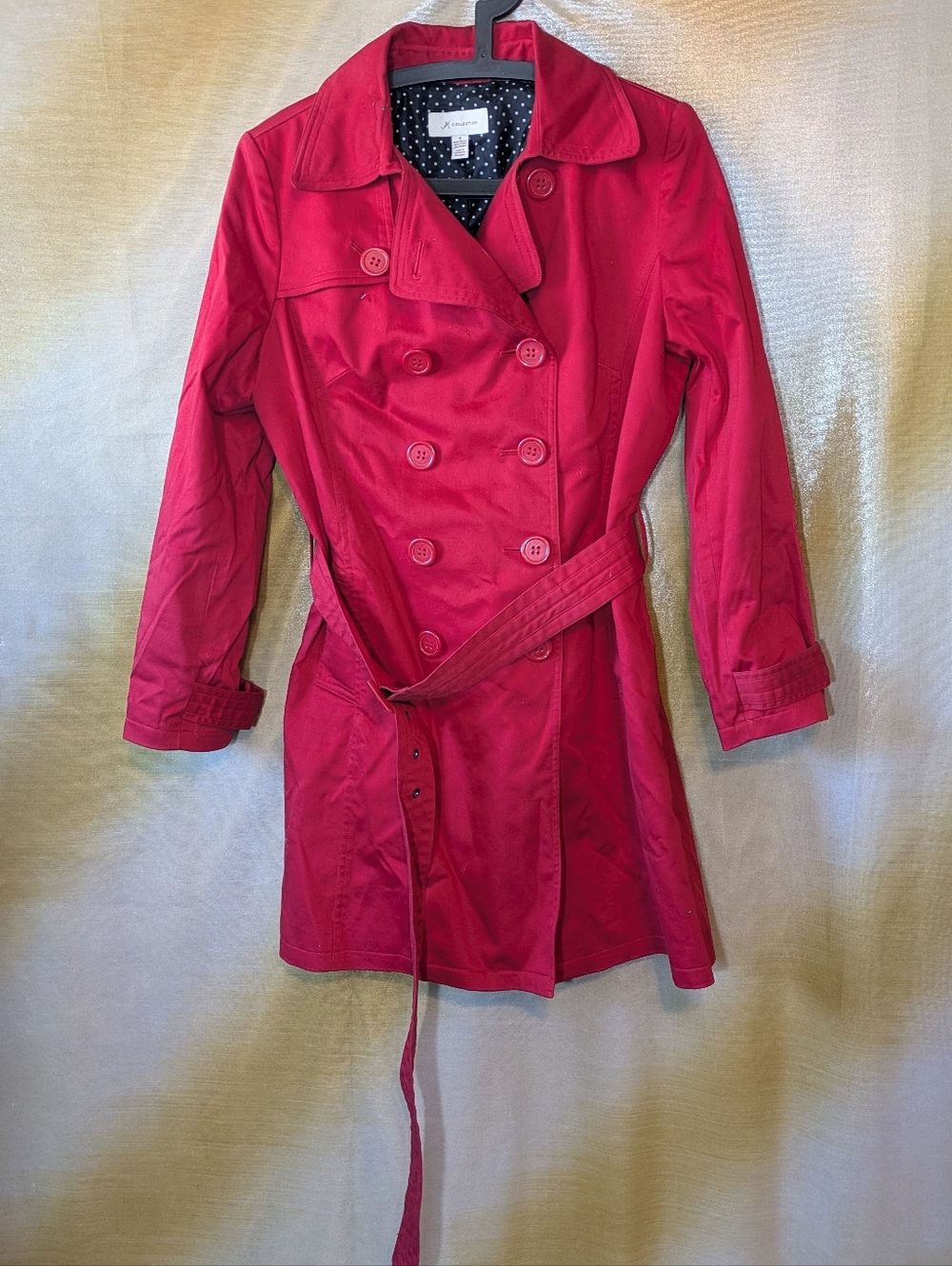 Red Double-Breasted Trench Coat Polka Dot Lining with Belt